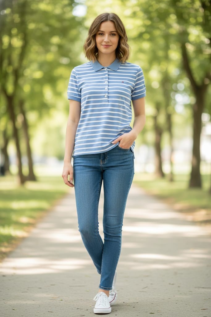 TOMMY CAMISETA AZUL LINEAS BLC MUJER