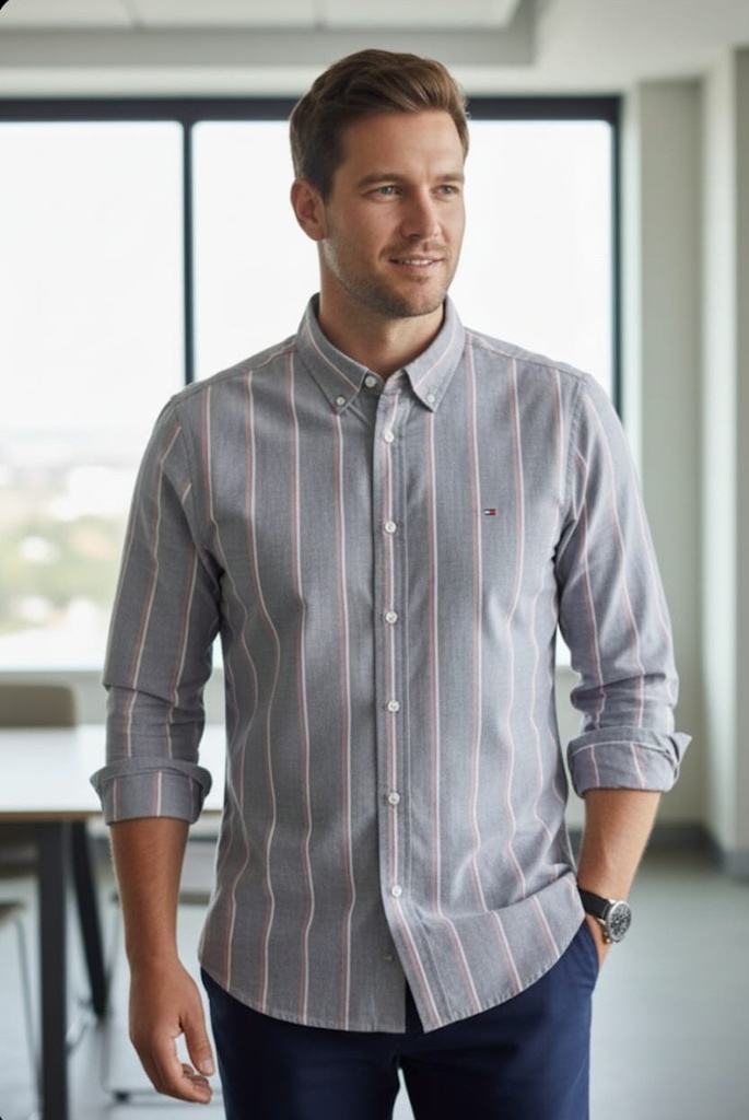 TOMMY CAMISA AZUL RAYAS ROJO-BLC