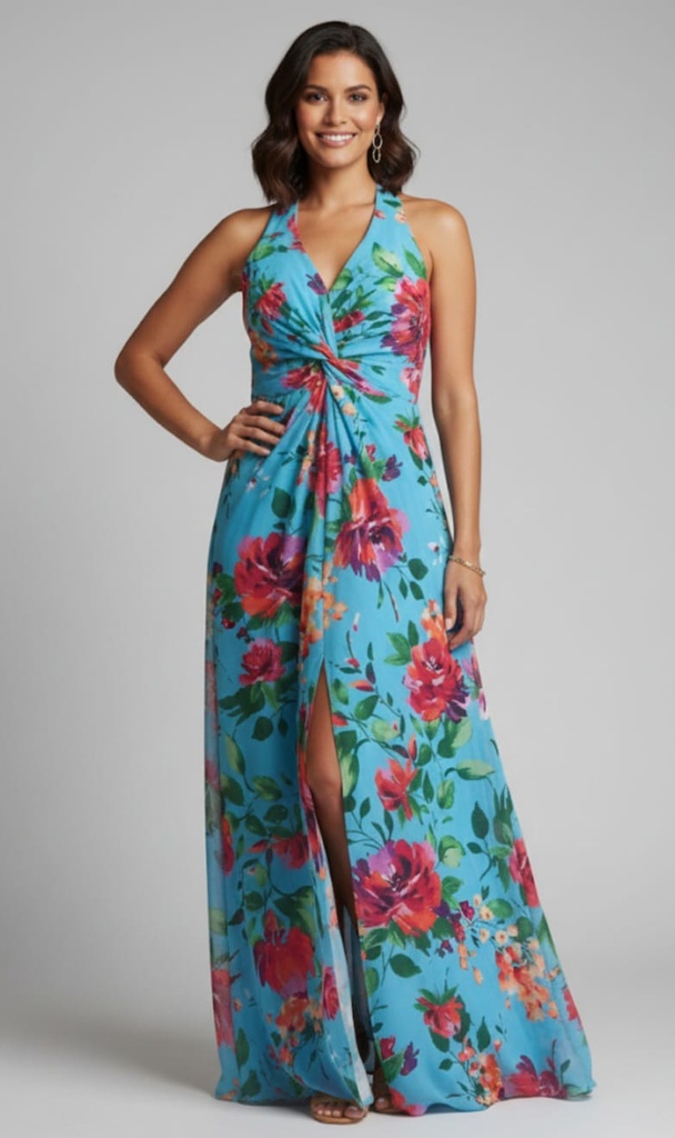 SLNY VESTIDO CELESTE FLORES