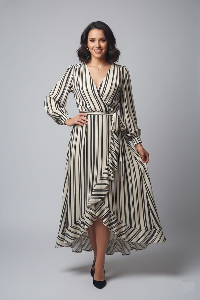 MAISON TARA VESTIDO BEIGE-NEGRO RAYAS