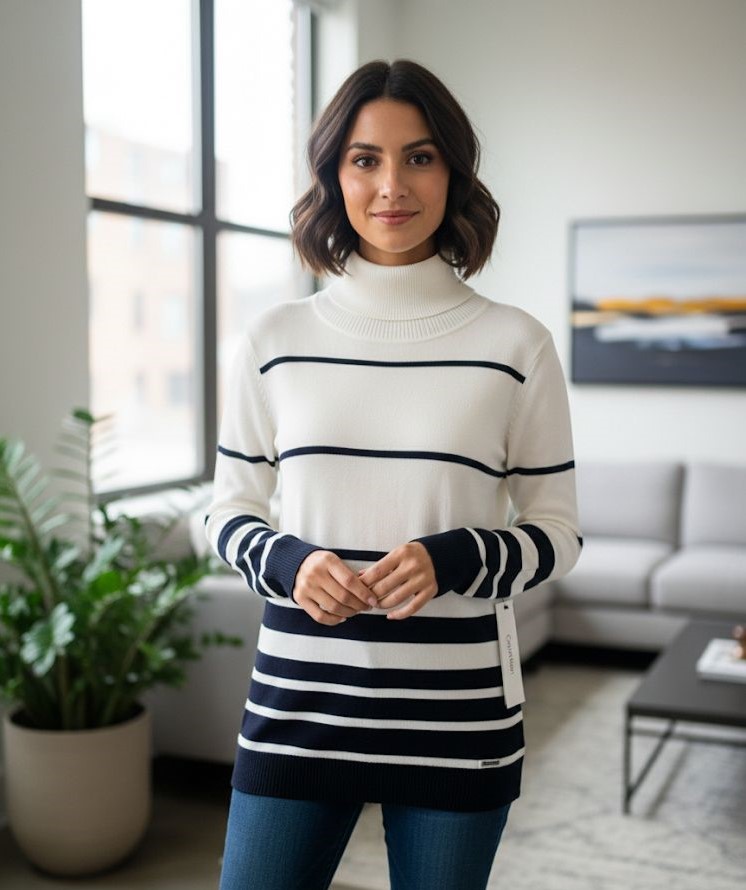 CALVIN KLEIN SUETER BLANCO-AZUL LINEAS