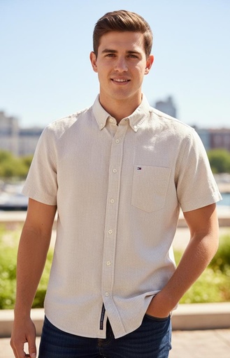[XM3518] TOMMY CAMISA BEIGE-BLANCO HOMBRE