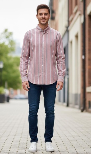 [78J6775] TOMMY CAMISA VINO RAYAS VERDE-BLC