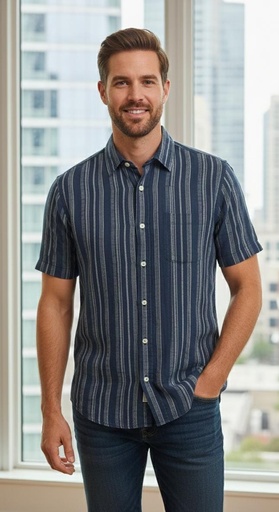 [798572] BANANA CAMISA AZUL RAYAS BEIGE HOMBRE